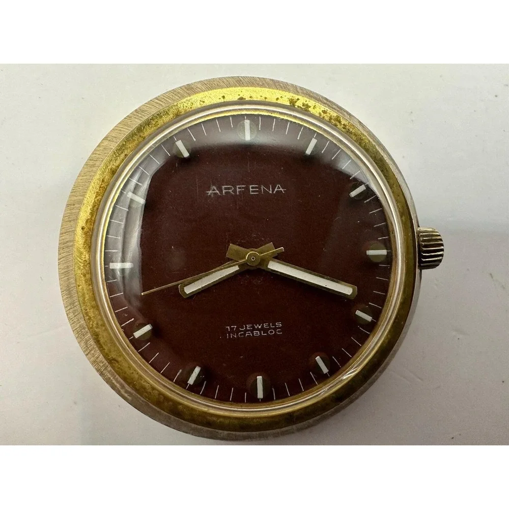 Arfena Vintage Watch Mens Manual‎ Wind Not Working Gold Tone Leather Band 41MM Z